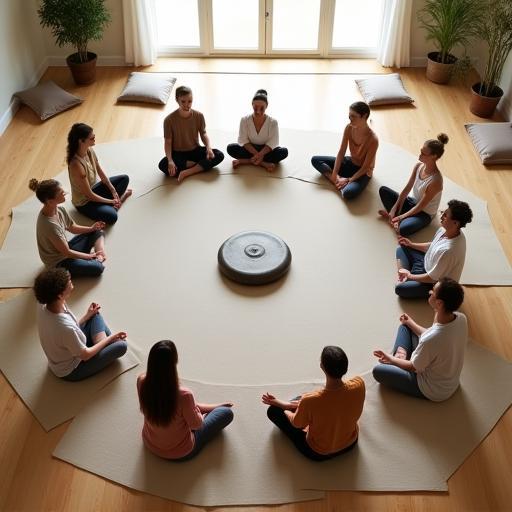 Groupe en cercle méditant avec un gong au centre