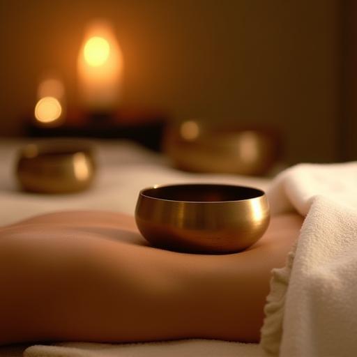 Massage vibratoire aux bols tibétains sur le dos d’une cliente